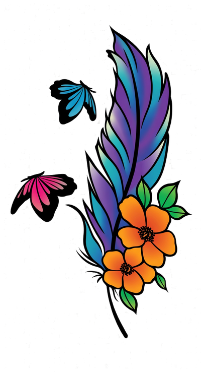 Feather & Bloom — feather with orange blooms and butterflies